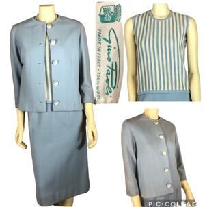 Vintage Gino Paoli 1960s Italian Wool 3-Piece Skirt Suit Set Blue Stripe Top S-M